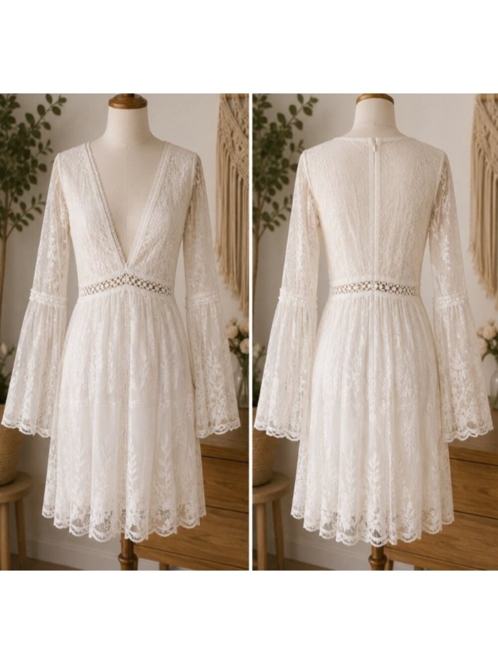 Southern Fried Chics Medium White Lace V-Neck Dress Bell Sleeves & Embroidered